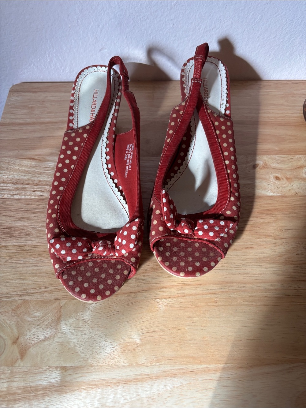 Hillard & Hanson Red & White Polka Dot Peep Toe Slingback Wedge Sandals - Size 7